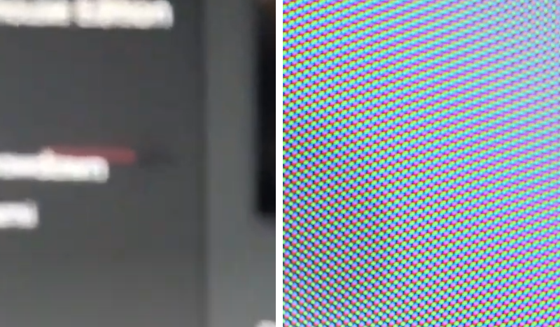 A line, albeit blurry, of stuck pixels on an LCD I used to have (left) and a closeup of the non-pixels on my CRT (right)